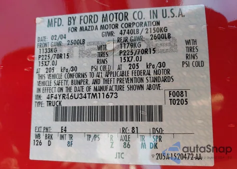 2004 Mazda B3000 Se z USA, uszkodzony, nr VIN 4F4YR46U34TM11673